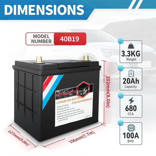 12V LiFePO4 Car Battery 20Ah 680CCA Lithium Automotive Replacement Battery with 100A BMS for Cars, SUVs, Sedans, Trucks, Vans